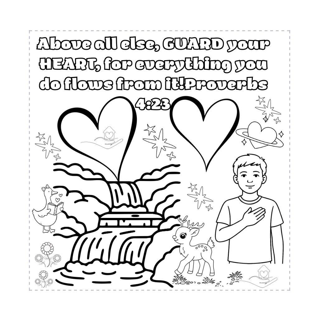 Free Bible coloring page reading Above all else, GUARD your HEART, for everything you do flows from it — Proverbs 4:23